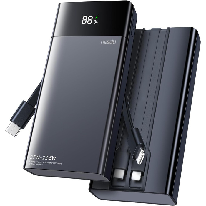 Power Bank Maidy 20000mAh з USB-C кабелем, 27W швидка зарядка, сумісний з iPhone, Galaxy, Xiaomi, iPad, Switch