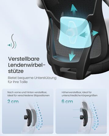 Офісний стілець SONGMICS ергономічний, комп'ютерний стілець, регульована поперекова та підголовна підтримка, до 150 кг, регульована висота, чорний OBN066BH01