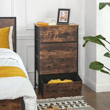 SONGMICS Chest of Drawers, Storage Cabinet, 5 Fabric Drawers, for Entryway, Living Room, White-Oak Finish LTS514W57 (Rustic Brown + Black)