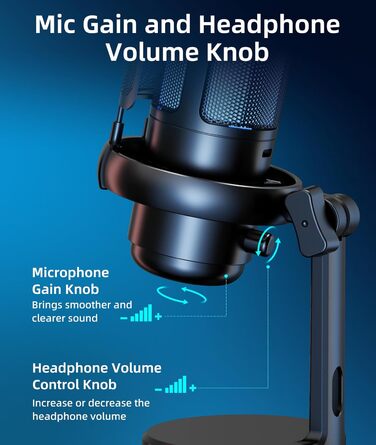 Мікрофон для ПК NJSJ Gaming RGB, для стрімінгу та запису, USB, сумісний з PS4/PS5/Mac, з регулятором гучності, чорний