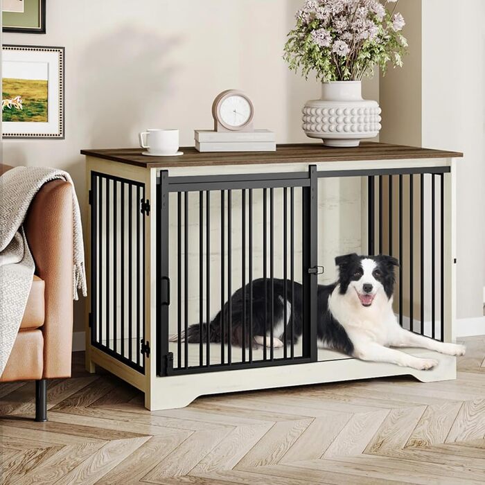Клітка для собак Hzuaneri, 100 см, дерев'яна, з розсувними дверима, для дому, для маленьких/середніх/великих собак, 100 x 60 x 68 см, білий/коричневий колір