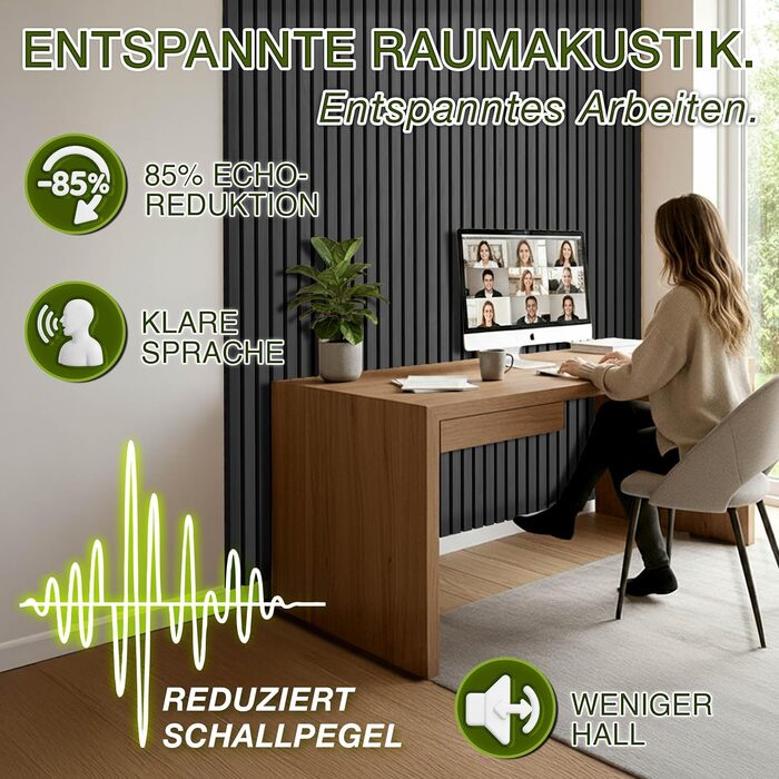 Акустичні панелі TRESKO з дерева 120×60×2,1 см (4 шт), 3D стінові ламелі для шумоізоляції, колір дуб чорний, з набором 8 гачків та монтажним комплектом