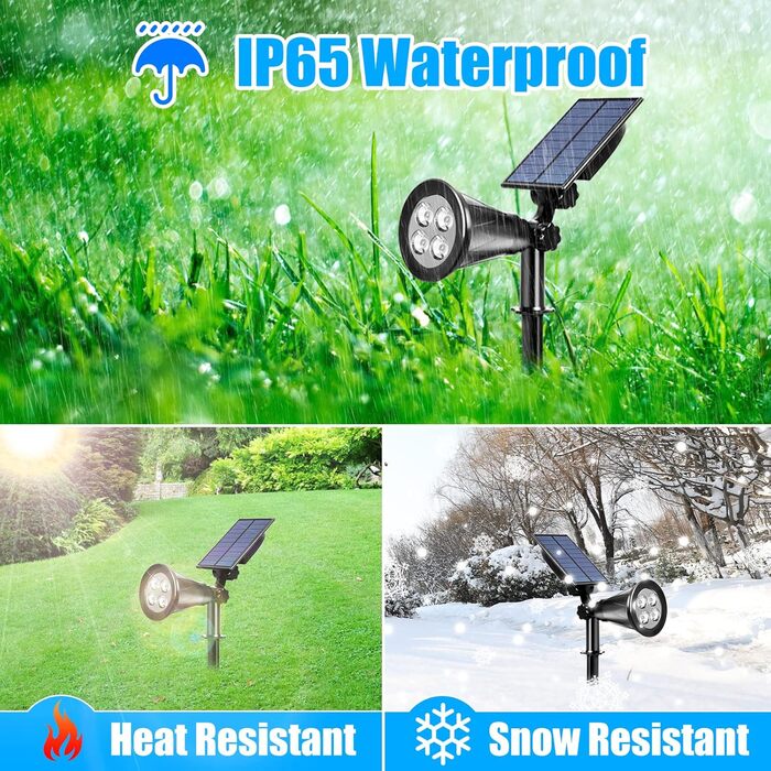 T-SUN LED Solar Spotlights, 2 Pack 4 LED Solar Garden Lights, Bright Garden Light, 2 Lighting Modes, Safety Lighting, Large Outdoor Light for Lawn, Paths, Terrace (Cool White 6000K)