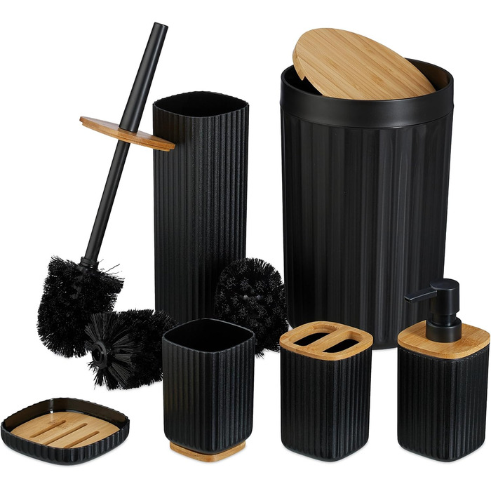 Набір для ванної кімнати Relaxdays, 6 предметів: аксесуари для ванної з пластику та бамбуку, повний набір, білий/натуральний (чорний/натуральний)
