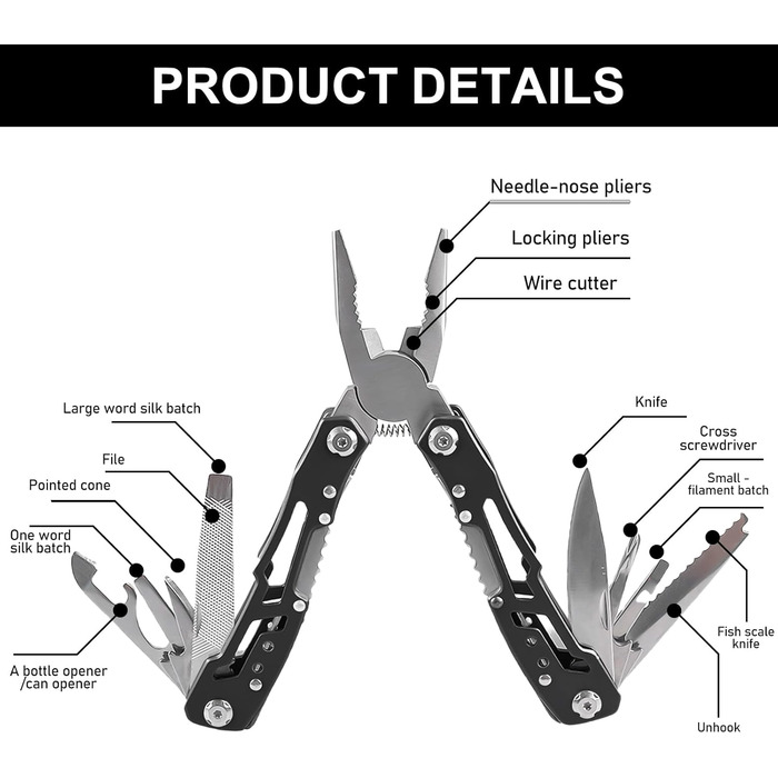 Мультитул чоловічий з нержавіючої сталі, мультиінструмент для подарунку, складаний ніж-мультитул з чохлом (чорний)