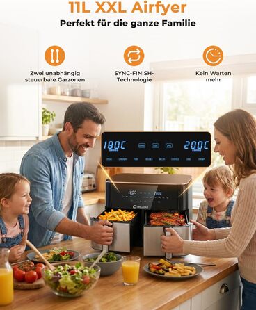 Аерофритюрниця WELLENT Dual Zone XXL 11л - 2950W з 2 камерами (6+6л), функцією Match & Sync, вікном огляду, таймером та можливістю миття в посудомийній машині