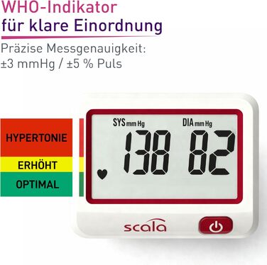 Тонометр на зап'ястя Scala SC 6027 A (червоний) – точний вимірювач артеріального тиску з індикатором ВООЗ, 85 місць пам'яті, Fuzzy Logic, з батарейками та коробкою, розмір манжети 13,5-19,5 см