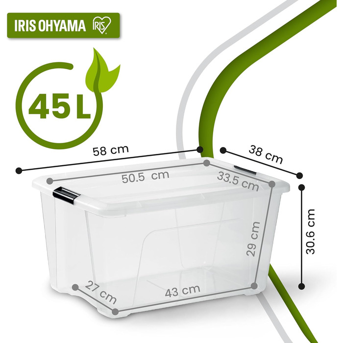 Iris Ohyama Storage Box with Lid, 6-Piece Set, Transparent, Snap Closures with Handles, Stackable, Strong & Durable, For Clothes, Garage, Home, Office, Plastic Box, Storage TB-45 (45L, x4)