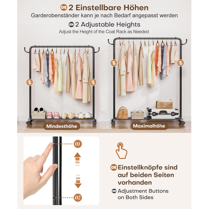 Міцний вішак для одягу на коліщатках Yorbay: металева стійка з полицею для багажу - компактна шафа для спальні, пральні, магазину (чорний, 117 см)