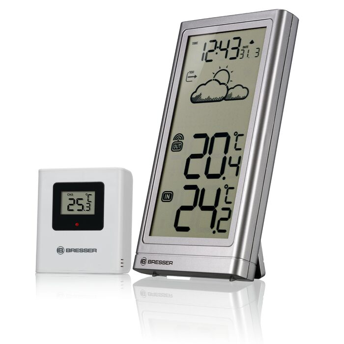 Метеостанція Bresser Meteo Temp з датчиком температури (вуличний/кімнатний), прогнозом погоди, підставкою та кріпленням на стіну, срібляста