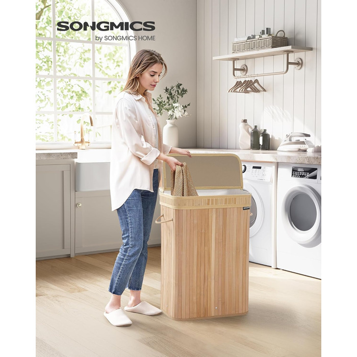 Кошик для білизни SONGMICS з кришкою, бамбуковий, 72 л, знімний мішок, ручки, натуральний бежевий