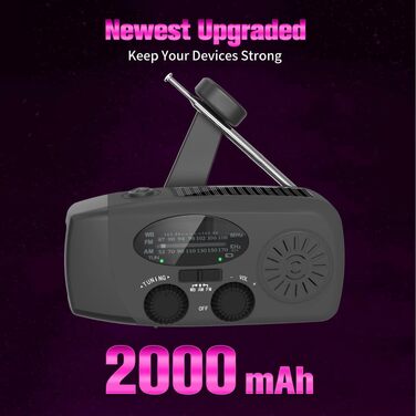 Радіо Solar Radio на сонячній енергії з ручним генератором, AM/FM, аварійне радіо з повербанком 2000mAh, LED ліхтарик, USB зарядка для телефону, чорне - для кемпінгу та активного відпочинку