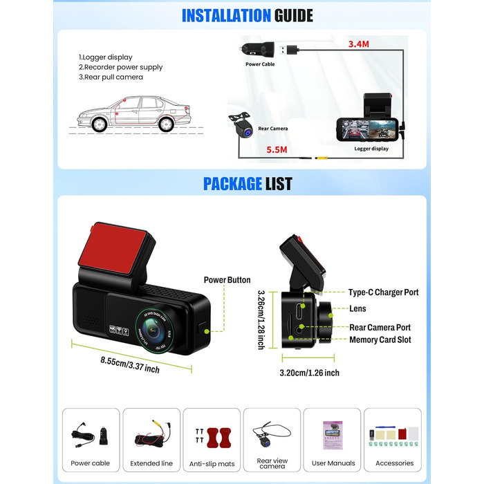 Відеореєстратор CAMECHO 4K Dual (передній + задній) з GPS, WiFi, ADAS, BSD, LCA, нічна зйомка, 150° кут огляду, IPS 3.16