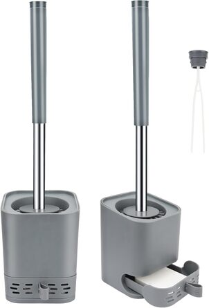 Силіконова щітка для унітазу Glowbal з контейнером, швидковисихаюча, для ванної кімнати, настінний монтаж/стійка, білий/сірий колір (сірий - набір 2 шт.)