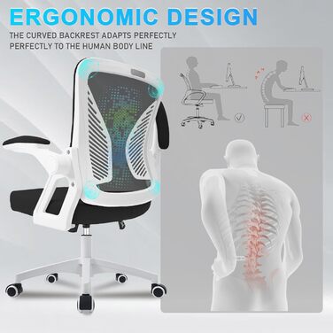 Офісний стіл з регульованими підлокітниками, ергономічний крісло з сітчастою спинкою, підтримкою попереку, регульованою висотою, м'яким сидінням, поворотним на 360°, (білий)