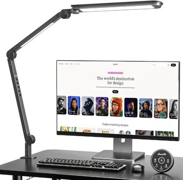 AmazLit Adjustable LED Desk Lamp with Dual Light Source - 12W/16W Dimmable Architect Lamp with Remote Control & Clamp