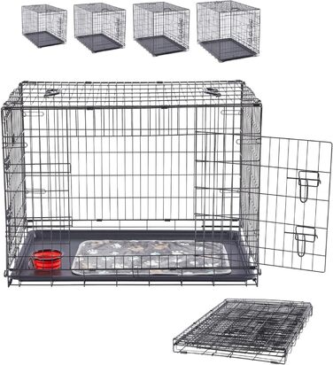 Клітка для собак Arebos | Транспортний бокс для собак, розкладний | Клітка-бокс для собак з 2 дверцятами | Клітка для собак в авто, для дому (63 x 45 x 51 см)