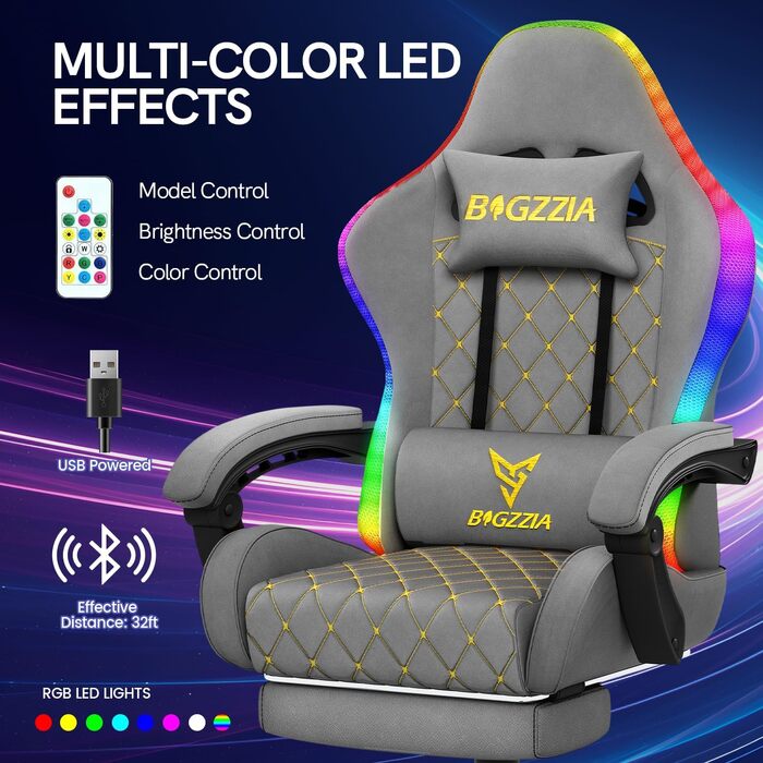 Ігрове крісло Bigzzia з LED-підсвіткою, ергономічний геймерський стілець з екошкіри (PU), сірий