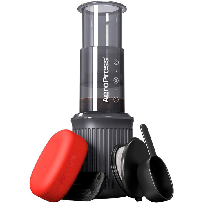 Портативна кавоварка AeroPress Go 3-в-1 для подорожей і кемпінгу, прес-френч, пуровер, еспресо, насичена кава без гіркоти, комплект для кави, сіра