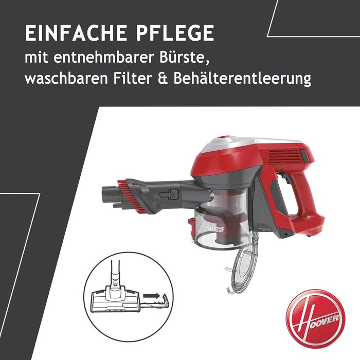 Бездротовий пилосос Hoover H-Free 100 5-в-1 з турбо-підсиленням та LED-щіткою | 40 хв роботи, 0,9 л XL контейнер для сміття, спеціаліст з видалення шерсті тварин для килима/авто/дивану/стіни, легкий бездротовий пилосос (Home)