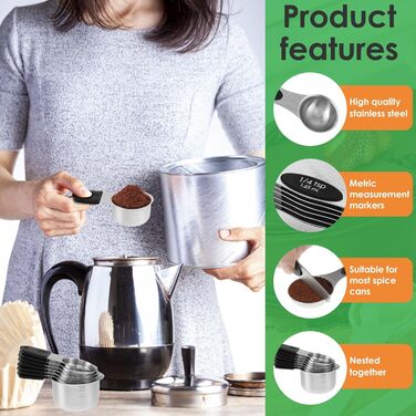 Magnetic Measuring Cup and Spoon Set with Strong Magnets, Durable Stainless Steel Measuring Cup and Spoon Set, Fits Most Kitchen Spice Jars for Baking and Cooking, 15-Piece Set with