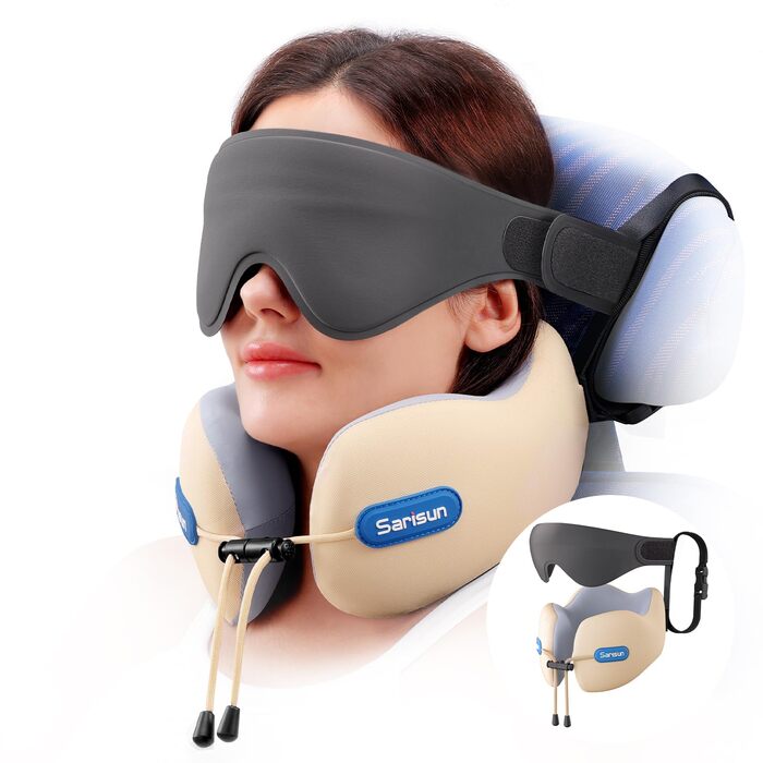 Подушка для шиї у літак Travel Pillow, подушка для подорожей з ременем та 3D-маскою для сну, з Memory Foam, для довгих перельотів та поїздок на авто (Бежева)