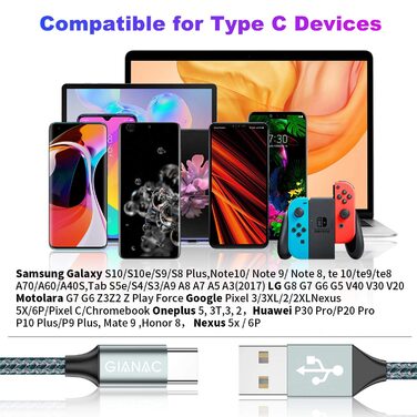 Кабель USB C 2 шт. (2м) 3.1A, швидка зарядка та синхронізація. Підходить для Samsung, Huawei, Sony Xperia