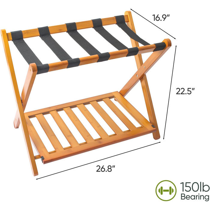 Fully assembled bamboo luggage rack with 5 straps, 2-tier foldable suitcase stand, wide wooden luggage rack, foldable luggage shelves, ideal for guest rooms, bedrooms, hotels