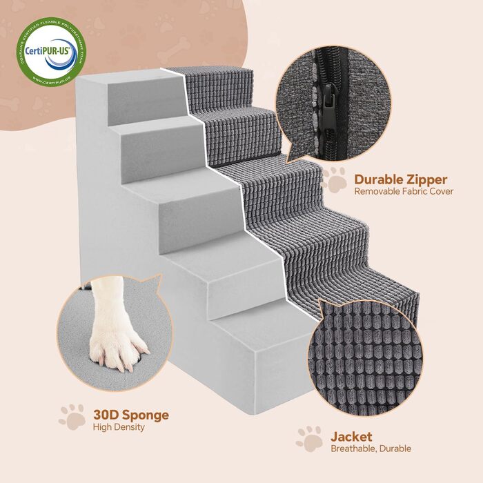 Sytopia dog stairs 40 cm high, 3 steps, dog stairs for bed, sofa for small dogs, pet stairs washable, foam stairs, for injured, older dogs (34cm height, Grey) (5 steps dog stairs (H:57CM), Flannel)