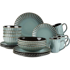 MÄSER Confino Dinnerware Set - 20 Piece Ceramic Dinner Set for 4 - Vintage Style with Black Accents (Petrol Color)