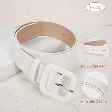 Жіночий шкіряний пояс JasGood пастельного кольору, широкий, з квадратною пряжкою для джинсів, спідниць та суконь (білий, 110 см, під талію 76-88 см)