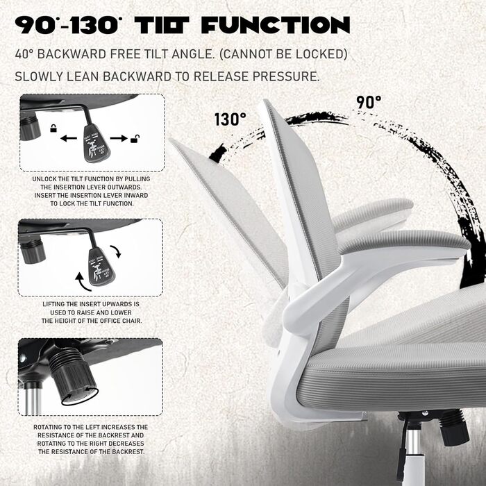 Ергономічне крісло для офісу та робочого столу з підйомними підлокітниками, регульованою підтримкою попереку, регульованою висотою поворотного п'єдесталу та спинкою з сіткою, що нахиляється до 130°, (Сірий)