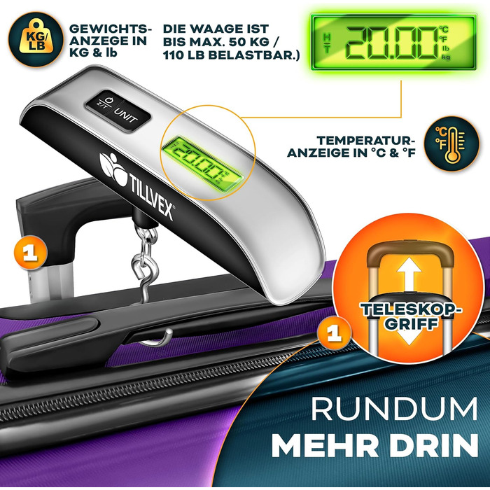 Набір валіз Tillvex® 3 шт. + ваги для багажу, 6 ременів для валіз та 3 багажні жетони | Валізи на 4 колесах | Трівалий валіз з TSA замком | Валізи з твердим корпусом M-L-XL (Ліловий)