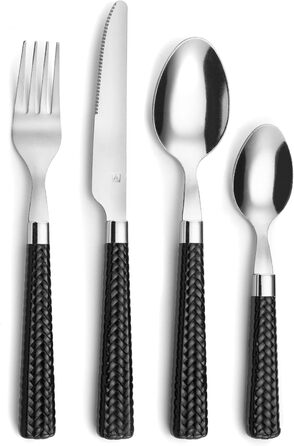 Amefa PAILLE Cutlery Set for 6 | Dinner Cutlery Set 24-Piece | Black Handles with Braided Design | Cutlery Set 18/0 Stainless Steel | Dishwasher-Safe Cutlery Set | 6 each of Fork, Knife, Spoon & Teaspoon