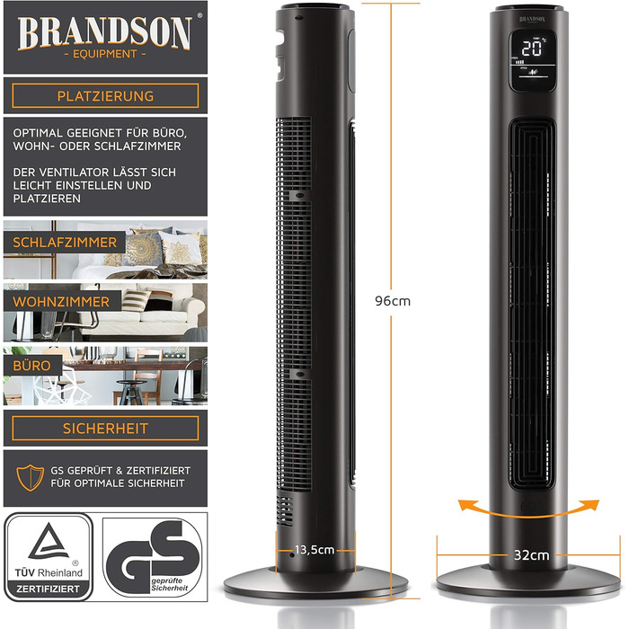 Вентилятор Tower Brandson з пультом дистанційного керування, 96 см, 3 швидкості, графітовий (Aschgrau) - нагорода 2026