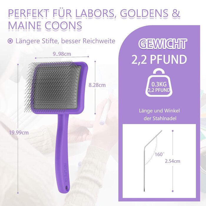 Набір щітки та гребінця для собак та котів з довгим хутром – зі сталевими шпильками 25 мм проти підшерстка та ковтунів – дерев'яна ручка та шкіряний футляр – ідеально для Golden Retriever та Maine Coon – фіолетовий