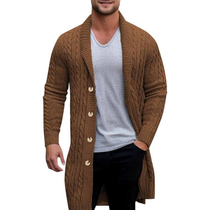 Кардиган чоловічий в'язаний з ґудзиками - зимовий кардиган для чоловіків, теплий світшот, куртка з косими візерунками, грубий в'язаний пуловер, стильний чоловічий кардиган, жакет для осені (01 Коричневий, XL)