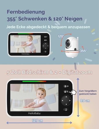 Дитячий відеоняня HelloBaby HB6550 з камерою, акумулятор 3500 mAh, 5-дюймовий екран, поворот 355°/нахил 120°, 2-сторонній аудіо, датчик температури, 8 колискових, нічне бачення