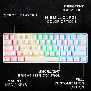 Механічна клавіатура HK Gaming GK61: 61 програмовані клавіші, RGB підсвітка, сумісна з Windows/Mac, QWERTY, Hotswap, перемикачі Gateron (чорний/білий)