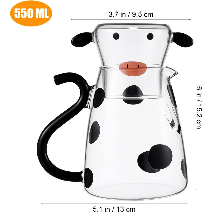 Cabilock Carafe Set with Glasses, Cute Glass Water Jug, Cute Cow Cold Juice Jug 550ml Glass Jug with Lid for Fruit Juice, Iced Tea, Milk, Cold Water Bottle, Glass Water Jug, Black, White
