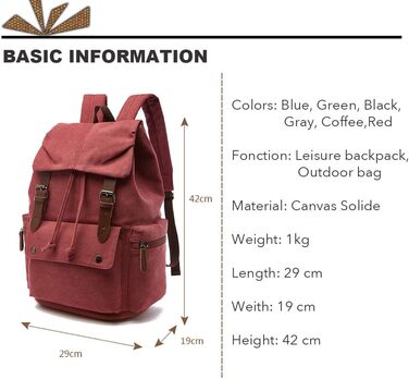 Canvas Backpack Vintage for Laptop Daypack Hiking Travel Large Capacity Bag Unisex (Red)