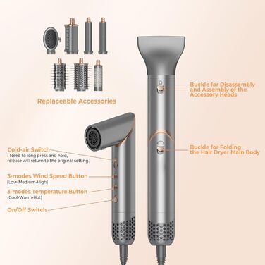 UKLISS 8-в-1 Pro Airstyler: Фен-щітка, локони, стайлер для волосся, 1400W, 110,000RPM, подарунок для жінок