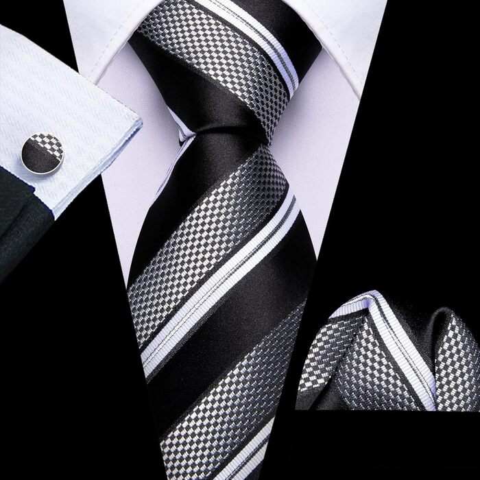 Чоловічий подарунковий набір: краватка в смужку, краватки-кліпса, нагрудна хустинка, манжетні кнопки, подарунок для бізнесу, весілля, свят, чорний, білий, сірий
