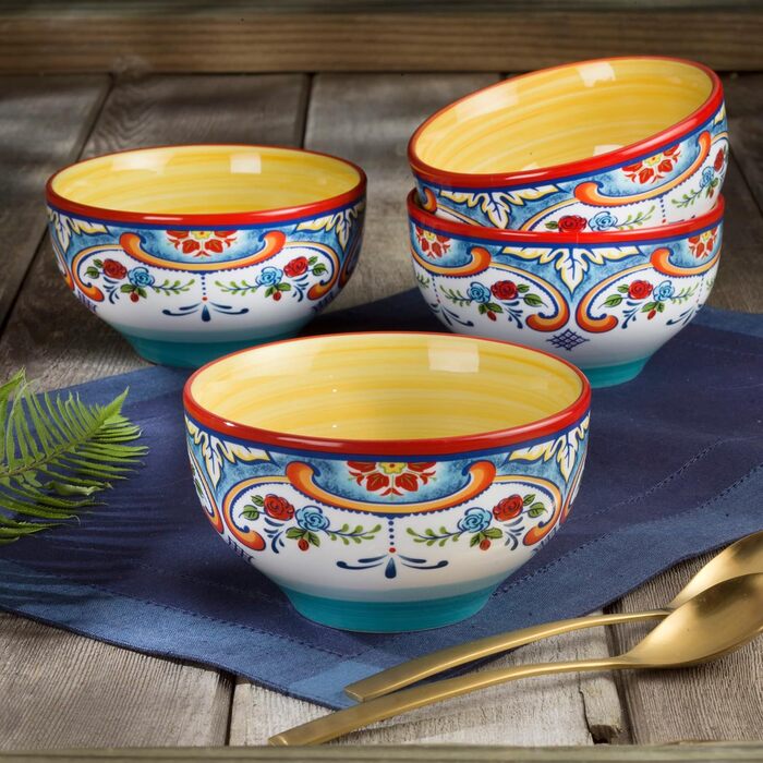 Набір посуду Euro Ceramica Zanzibar Collection, 16 предметів, для кухні та їдальні, на 4 особи, з іспанським квітковим візерунком, блакитно-жовтий посудовий набір