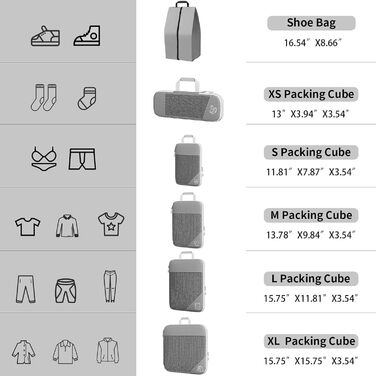 Органайзер для валізи Grau, набір 6 шт. (Compression Packing Cubes), для подорожей, рюкзака, ручної поклажі сірого кольору