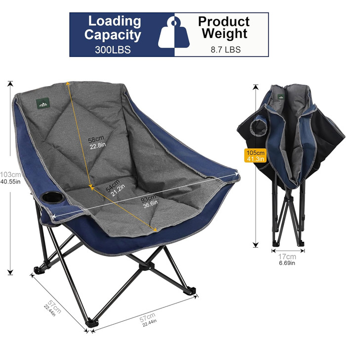 Розкладний кемпінговий стілець Northroad великого розміру для пляжу, піших прогулянок та пікніків, міцний (до 136 кг), з 2 тримачами для напоїв