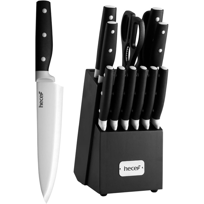 Набір ножів Hecef 14 предметів: професійний набір ножів з дерев'яним блоком, з нержавіючої сталі, з шліфувальником, ножицями та ножем для стейку (чорний)