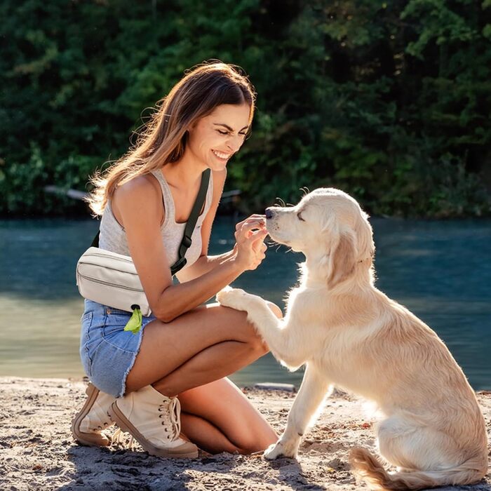 Сумка для собак з карабіном, сумка для тренування цуценят з відділенням для ласощів та тримачем для пакетів для вигулу, зручна сумка для перенесення ласощів для тварин з регульованим поясним ременем (Бежева)