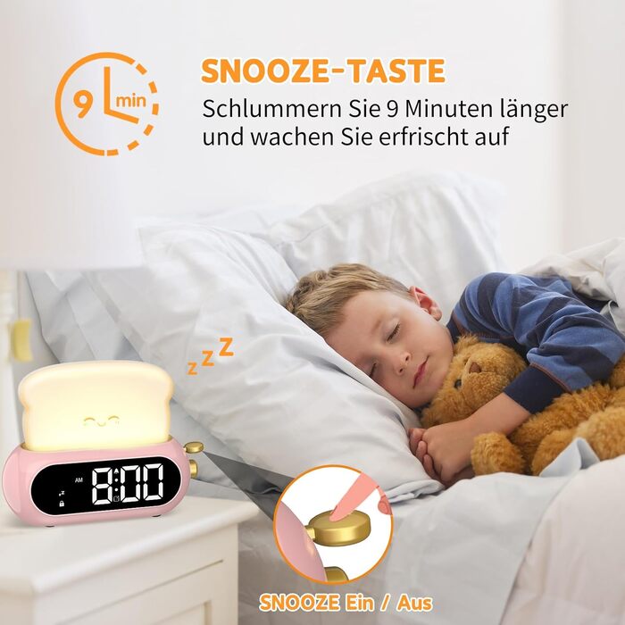 Kids Alarm Digital Clock, Children's Alarm Clock with Night Light, LED Display, 10 Ring Tones, 5 Brightness Levels, Timer, Snooze Function, Light Alarm Clock for School Beginners Girls Boys, Plug-in Power Adapter