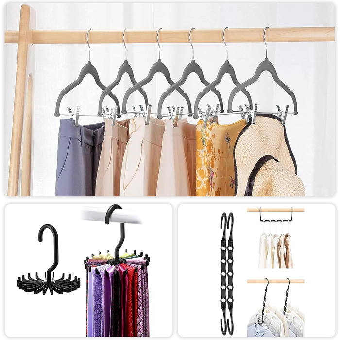 Вело Преміум плюшеві вішалки для одягу з металевими кліпсами, антиковзні та економні, з 1 магічною вішалкою та 2 тримачами для краваток, ідеальні для жінок та чоловіків, 20 шт. (20-PACK, Сірий)